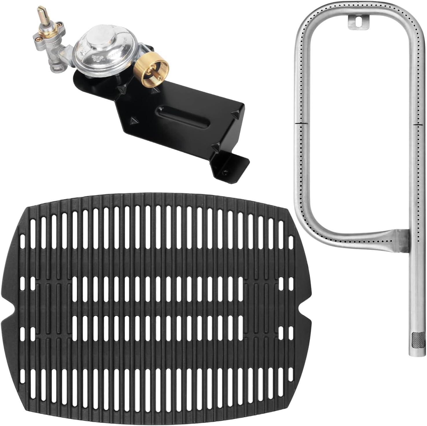 DELSbbq 7582 Cast Iron Cooking Grate with 60040 Grill Burner & 80477 Valve Regulator for Weber Q100 Q120