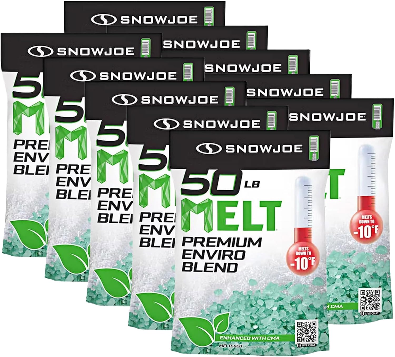Snow Joe 10 Pack Premium Enviro Blend Snow & Ice Melt, Green-Coated Deicer Crystals, 50 lb - Safer Melter for Vegetation, Concrete & Metals