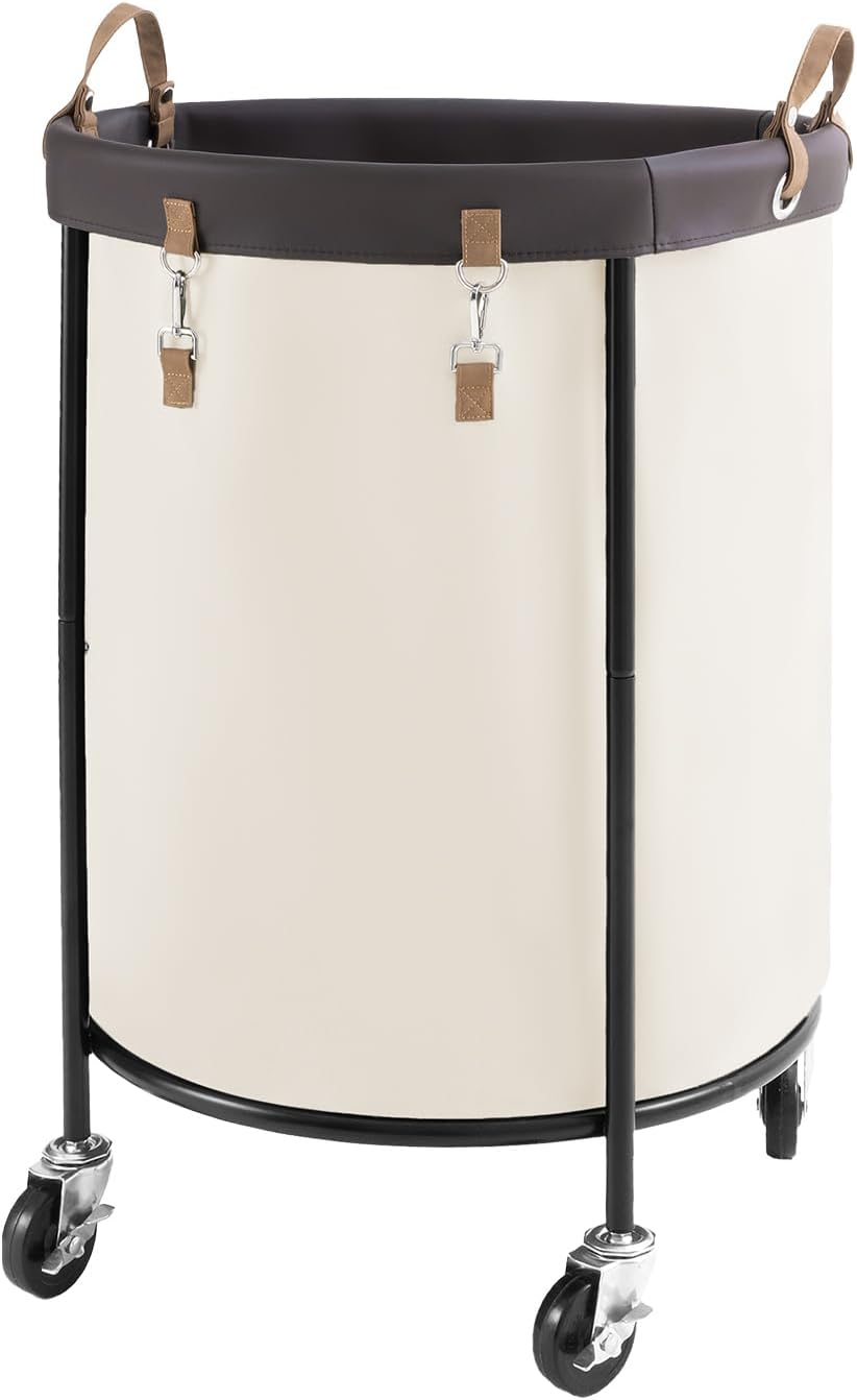 StorageWorks 170L Rolling Laundry Basket, Clothes Hamper with Wheels, Round Clothing Cart with Steel Frame and Removable Bag, 4 Casters and 2 Brakes, Beige, 1-Pack