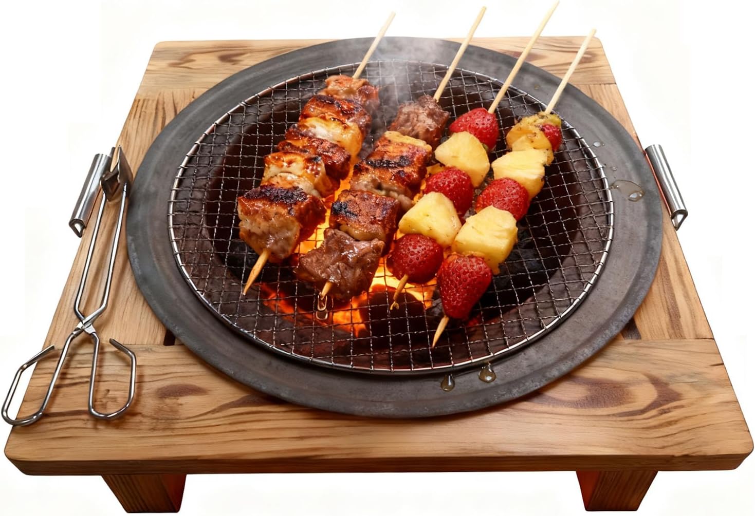 20 in Tabletop Fire Pit Tea Table - Wooden Fire Pit Table for Indoor/Outdoor Use, Portable Camping Fire Pit with Grill Grid for Tea Brewing & Food Warming &Bonfire and Picnic BBQ Grill