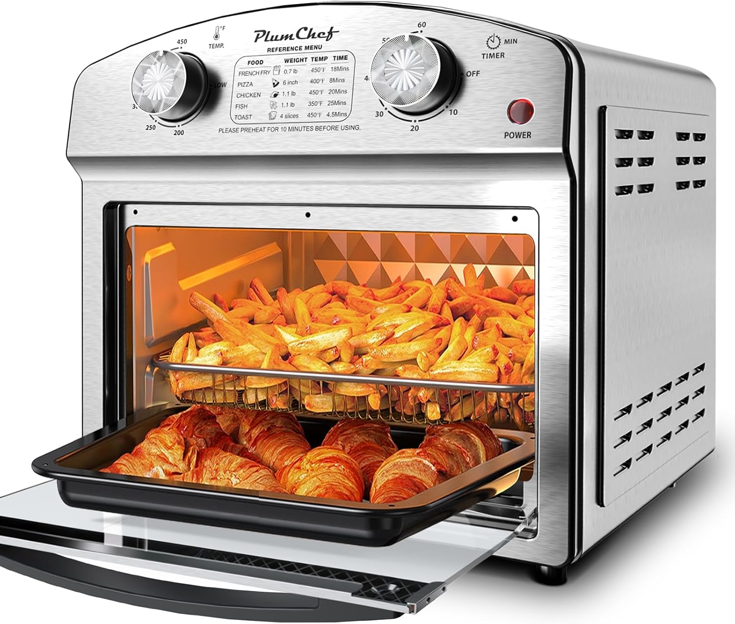 PlumChef 13 Quart 4 Slices Air Fryer Convection Toaster Oven, 1500W, Multifunction Oven with Reference Menus on Panel, Time and Temperature Controls,Stainless Steel