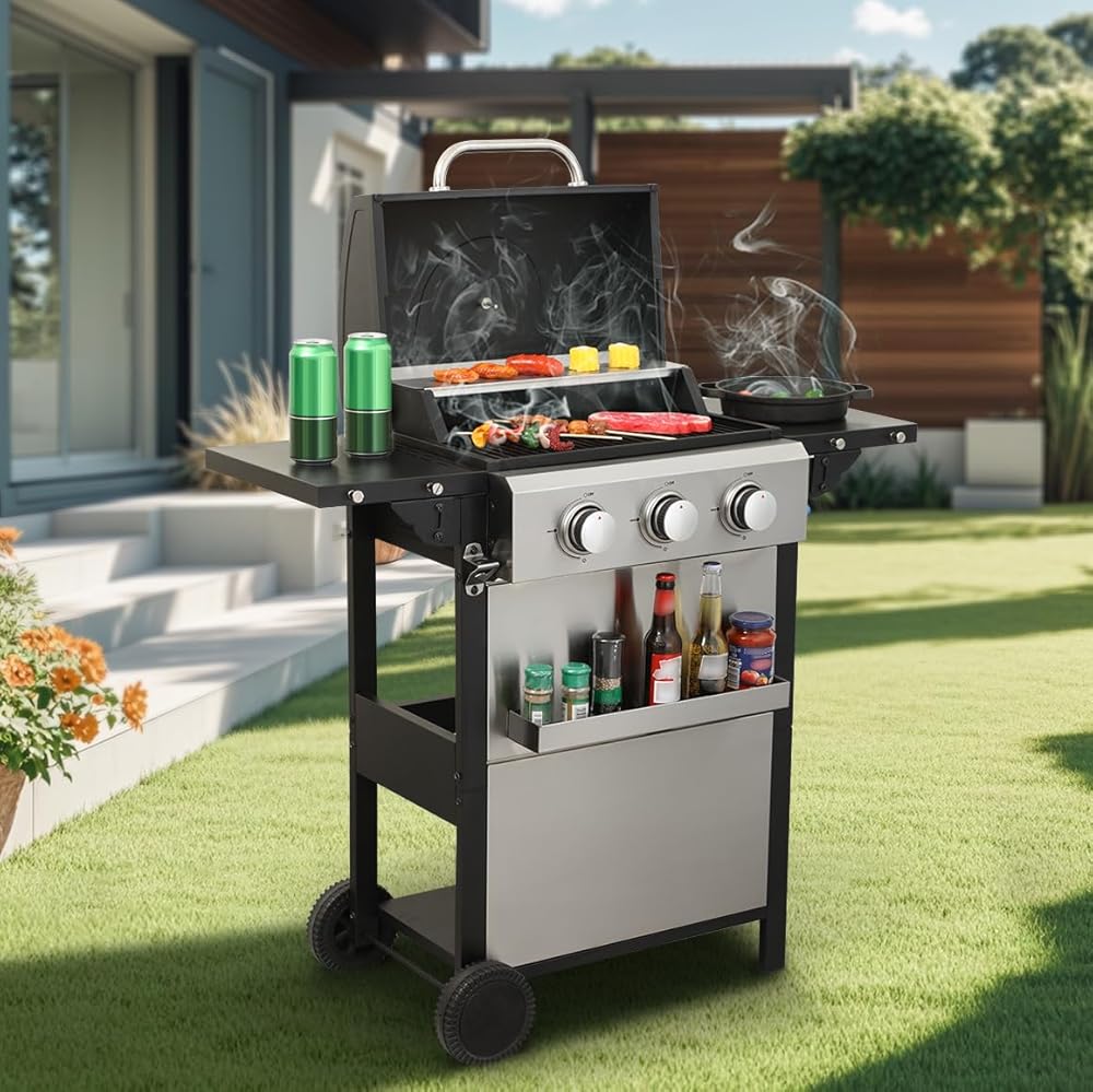 3-Burner Propane Gas Grill, 25,650 BTU Outdoor BBQ Grill with Stainless Steel Warming Rack, Enameled Cooking Grids, Built-in Thermometer & Foldable Side Tables - Portable Design with 6