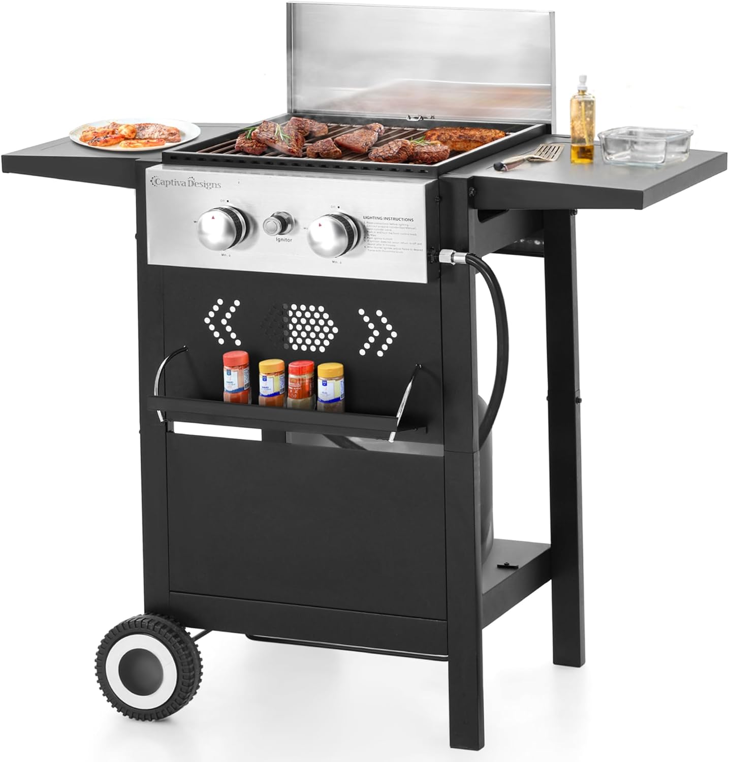 Sophia & William 2-Burner Gas BBQ Grill With Flat Top, Small Outdoor Propane Barbecue Grill with Side Shelves,Lid and Hose & Regulator for Camping, 20,000 BTU,Black
