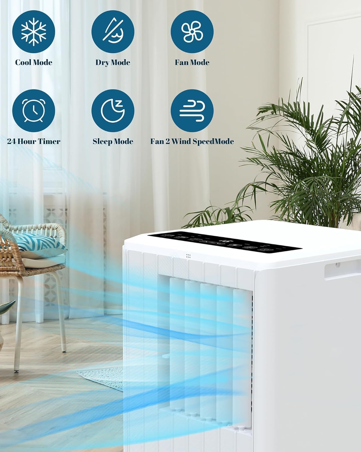 8000 BTU Portable Air Conditioner with Remote Control – Ultra-Quiet 3-in-1 Energy-Efficient AC Unit, 24H Timer & 2 Speed Modes for Bedroom, Office, Room Cooling (White)