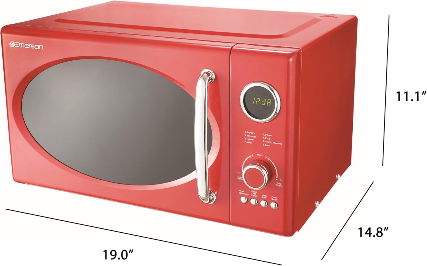 Emerson MWRG0901RD 0.9 Cu. Ft. Retro Microwave with 1,000W Grill Function, 800W Cooking Power, LED Display, 5 Power Levels, 8 Auto Menus, Glass Turntable, Child Lock, Red Countertop Design