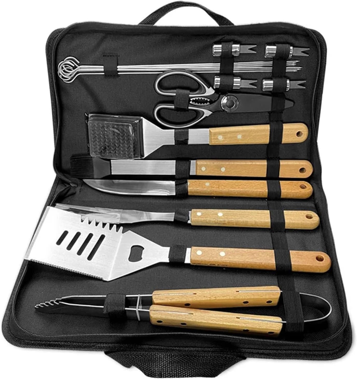 Outdoor Camping Barbecue Tool Combination Wooden Handle Fork Shovel Clip BBQ Accessories Cloth Bag Stainless Steel Grill Set