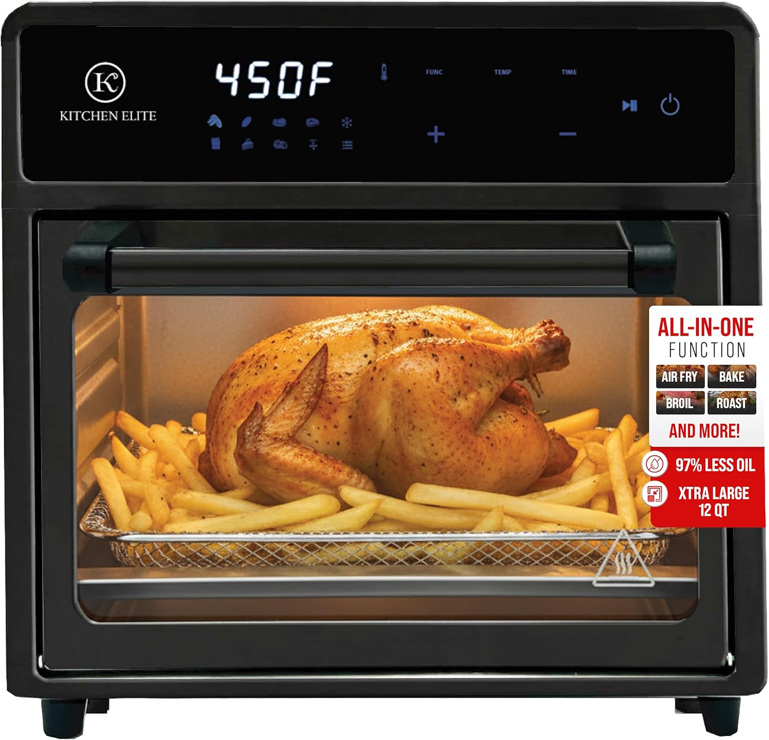 Kitchen Elite Air Fryer Toaster Oven Combo,10-in-1 12.6QT Compact Countertop Oven,9 Touch Screen Presets & 1 DIY Function,Easy Digital Controls,4 Accessories Included (Black)