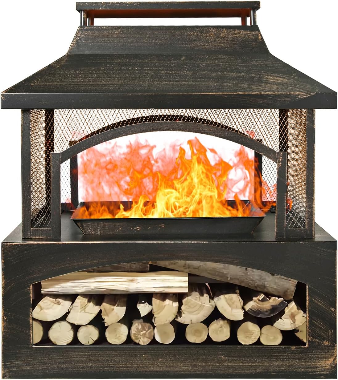 37'' Outdoor Fire Pit, Retangular Firepit with Log Storage, Poker & Tower Like Chimney Design, Firepits for Outside, Wood Burning Fire Pits, Steel Firepit, Fireplace for Bonfire & Outdoor Heating