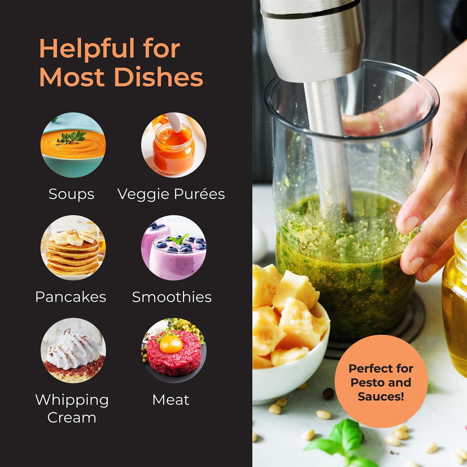 MuellerLiving Ultra-Stick Immersion Hand Blender, 500W Heavy Duty Motor, 8-Speed Turbo Setting, Includes Blending Shaft, Whisk, Milk Frother & Measuring Beaker