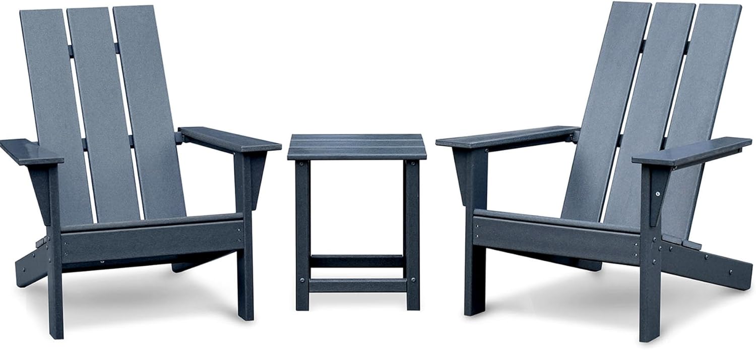 3-Piece Adirondack Chairs Set of 2 and Patio Table,Plastic Patio Firepit Chair with Cup Holder& High Backrest, Adirondack Chair for Outdoor, Patio, Garden, Beach(Grey-3)