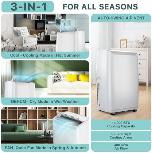 14,000 BTU Portable Air Conditioner - 9,200 BTU (SACC) Cools 700 Sq.Ft, 3-in-1 AC Unit with Dehumidifier & Fan, 52dB Quiet, Remote Control, for Bedroom/Office/Home,White