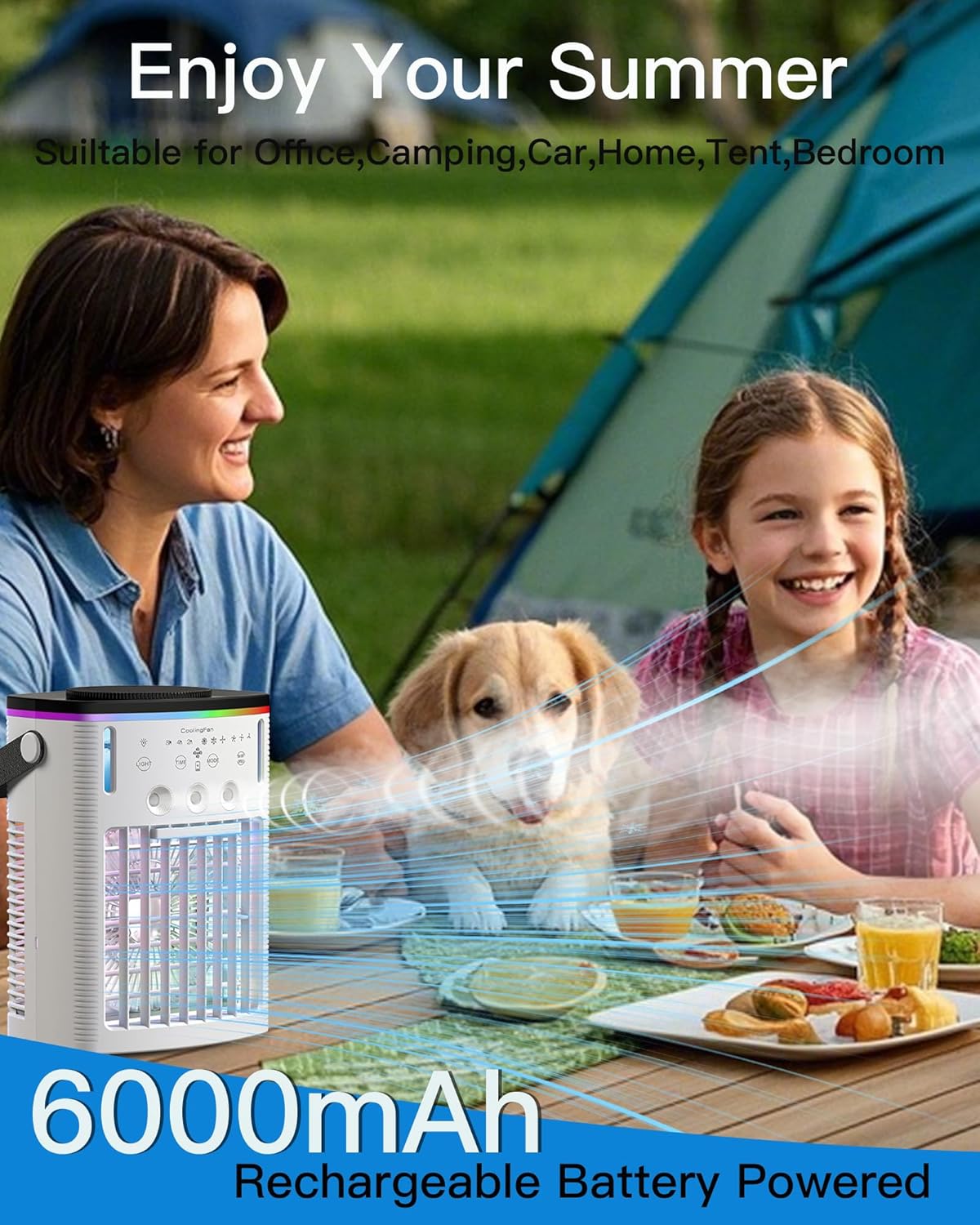 Battery Powered Air Conditioner 6000mAh,Rechargeable Small Air Conditioner for Room,Personal Air Cooler with Mist,Timer,Light,Portable Mini AC Unit Cooling Fan for Camping,Tent,Car,Desktop,Bedroom