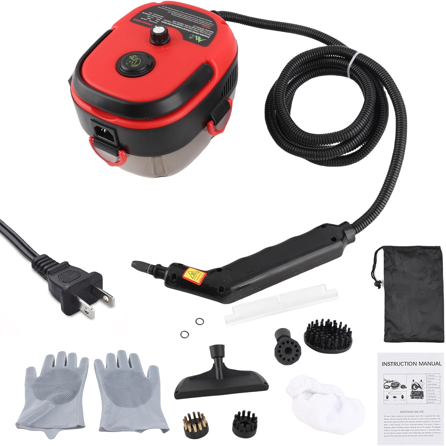 1500W Portable Handheld Steam Cleaner - 105℃ High Temperature Deep Cleaning with Removable Tank and 3 Brushes for Kitchen Bathroom Car Windows (US plug)