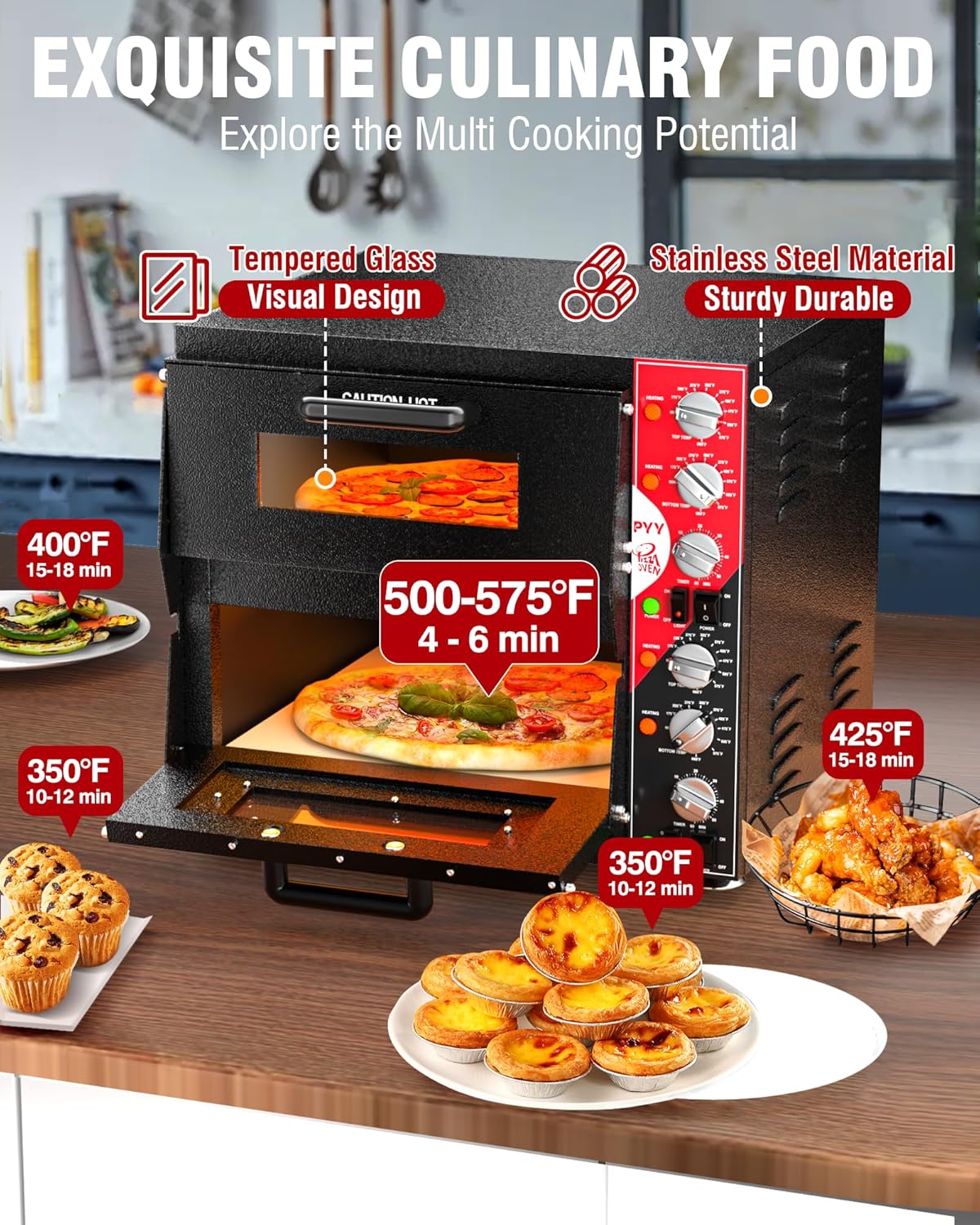 PYY Indoor 16in Pizza Oven - Double Decker Electric Pizza Ovens Countertop with Pizza Stone, 60-Min Ring Timer, for Home and Restaurant Commercial, 3200W, ETL Listed,Black
