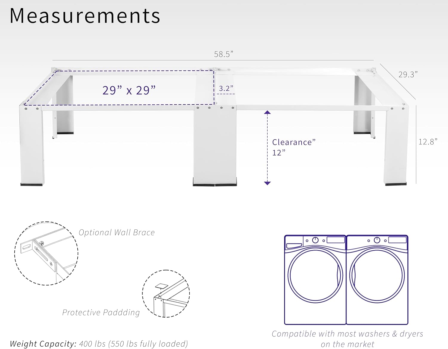 Life Finds Universal Laundry Dual Pedestal for Washer and Dryer Set, Washing Machine Stand, Dryer Base, White, LF-WDP01