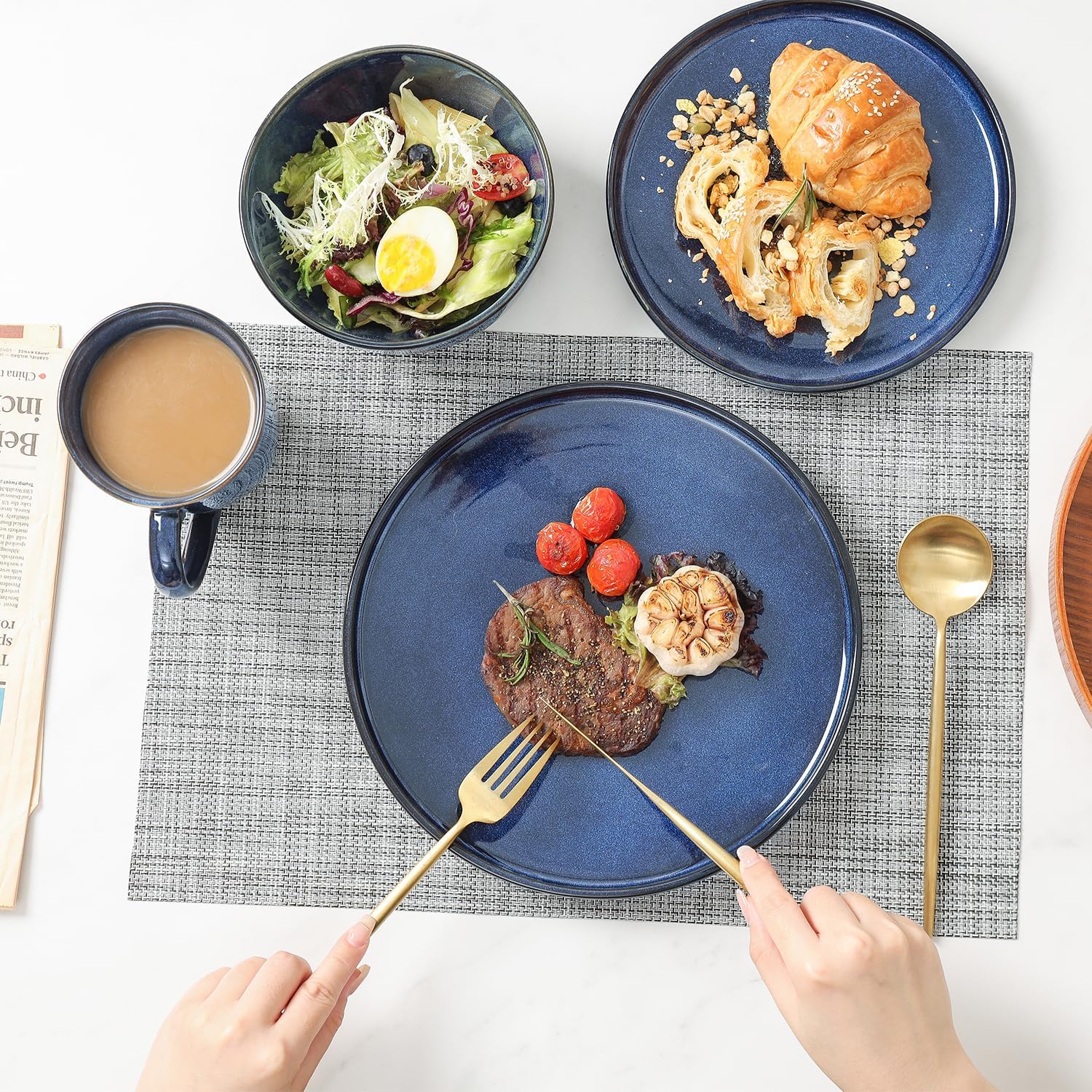 Vicrays Ceramic 12 Pieces Dinnerware Set - Dinner Plates Salad Plates Cereal Bowls Set Service for 4 - Scratch Resistant Microwave Oven Dishwasher Safe - Blue