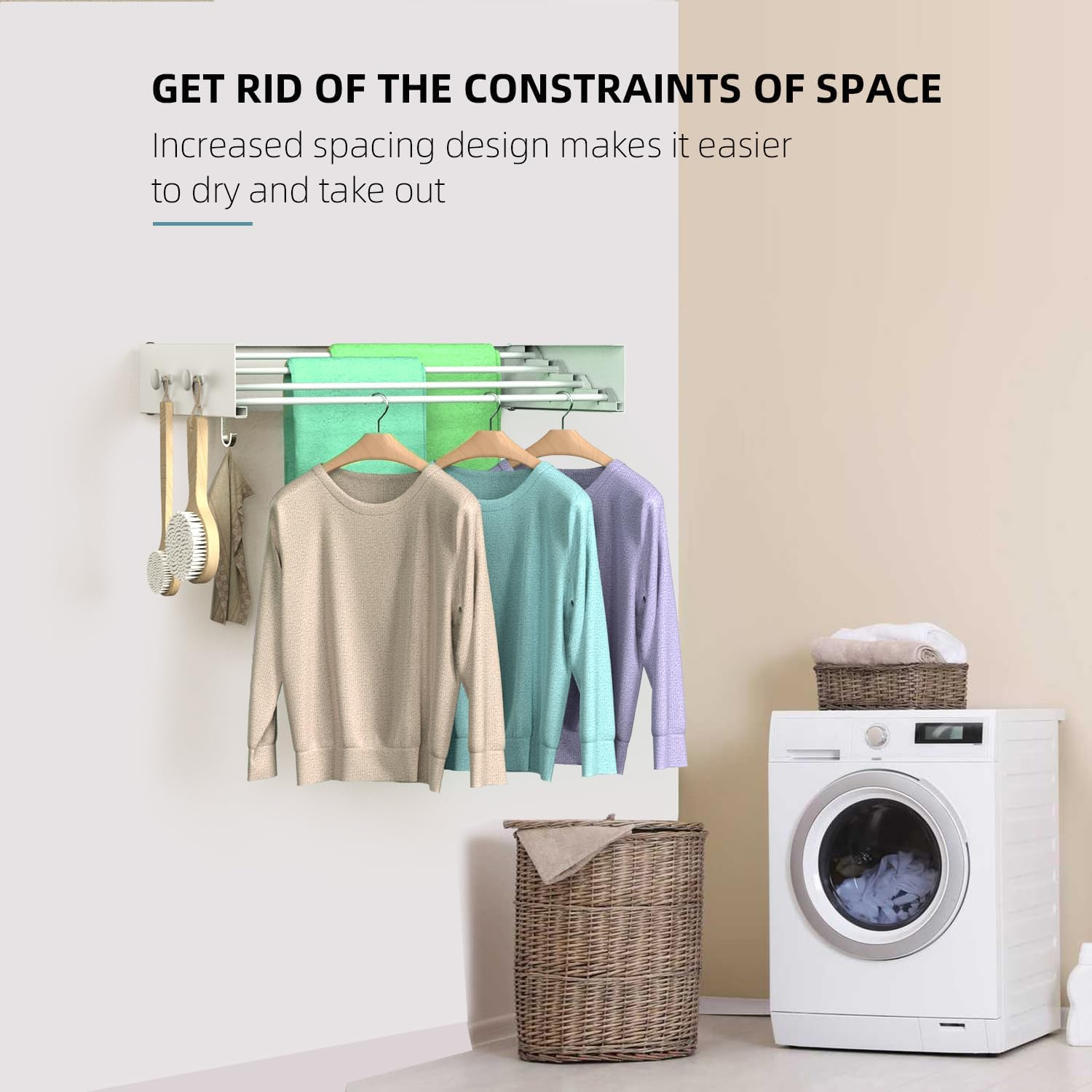 Drying Rack Clothing,Clothes Drying Rack Wall Mounted,Laundry Drying Rack Wall Mount,Foldable,Collapsible,60 lb Capacity 5 Aluminium Poles with 6 Hooks (White, 23.6'')