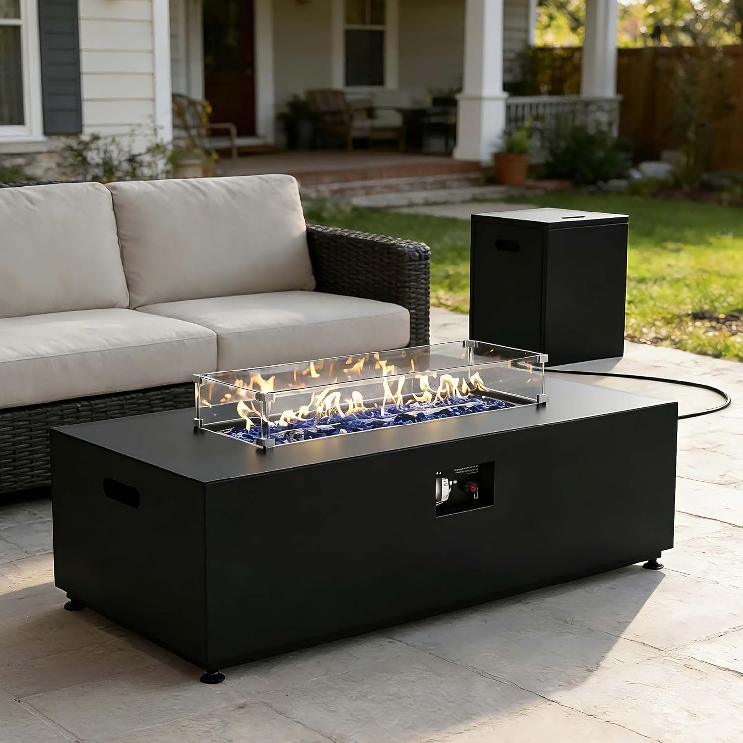 42 Inch Gas Fire Pit Table, 55,000 BTU Propane Fire Pits for Outside with Aluminum Lid and Waterproof Cover, 2 in 1 Firepit Table