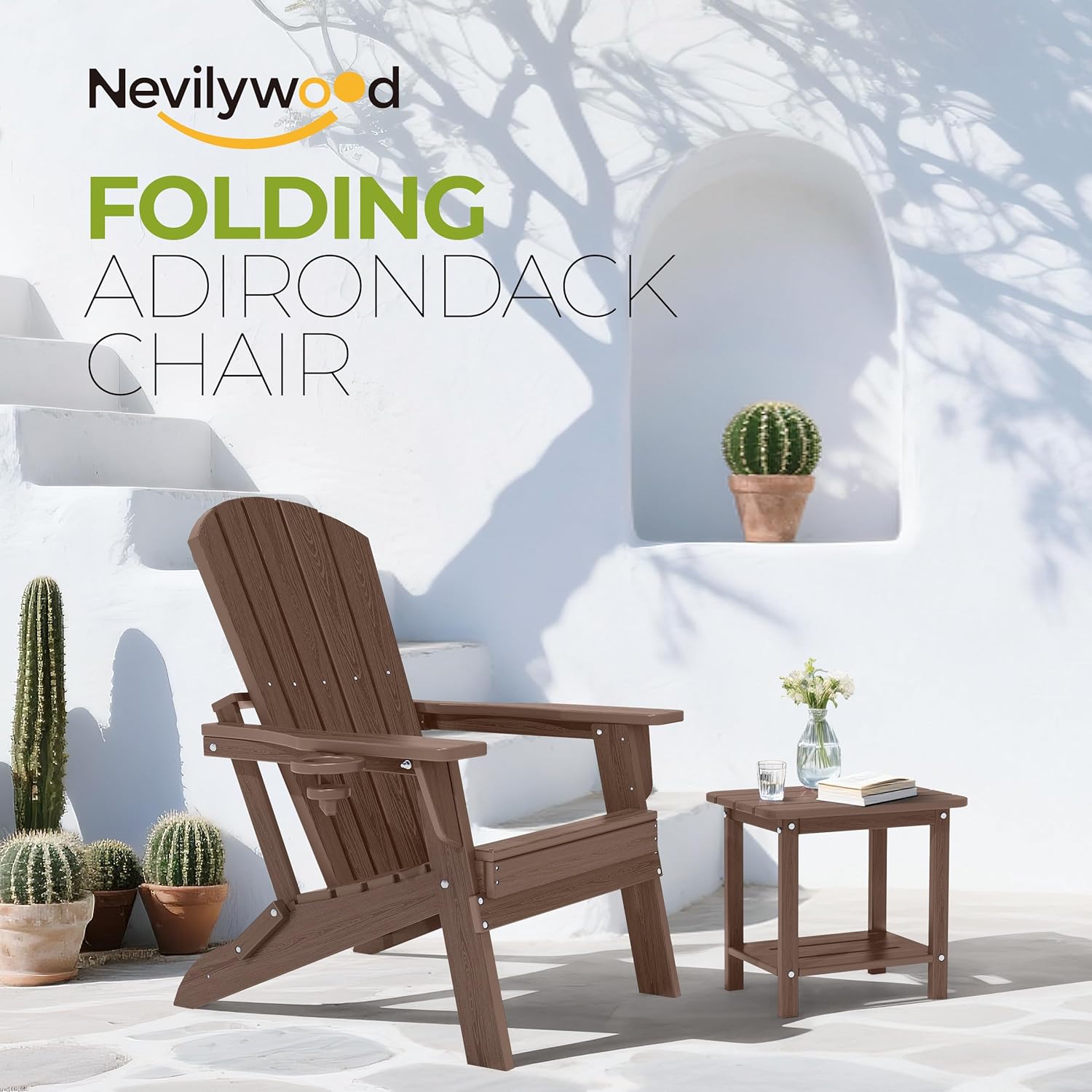 nevilywood Folding Adirondack Chair with Cup Holder Set of 2, HDPE Patio Chairs,All-Weather Outdoor Chairs for Backyard, Deck,Fire Pit-Coffee