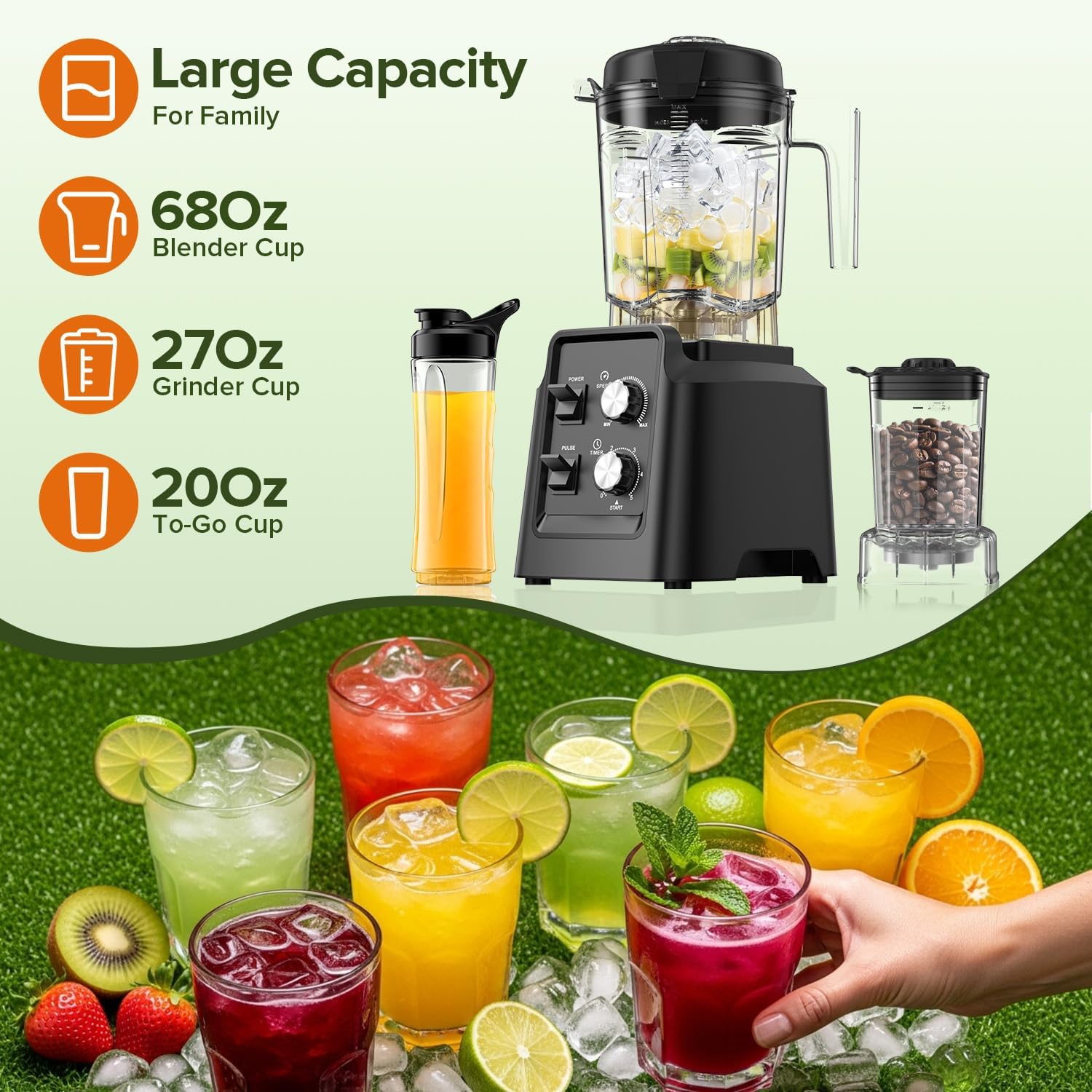 Blender, Blender for Smoothies with 68Oz. Pitcher, 27Oz. Grinder and 20Oz. To-go Cup, 28000 RPM Countertop Blenders for Kitchen, Ice Crushing, Frozen Fruits - Timing Setting, Speed Adjustable