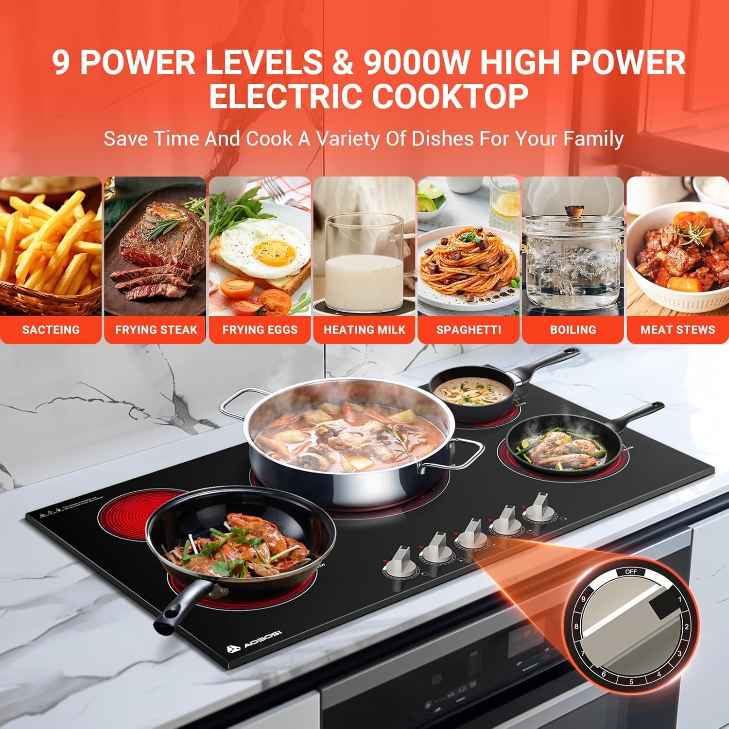 AAOBOSI 36 Inch Electric Cooktop 5 Burners, Upgraded 9000W Knob Control Built-in Ceramic Cooktop,Electric Stove Top,9 Heating Level, Chlid Lock Timer, ETC&FCC 220V~240V for Hard Wire(No Plug)