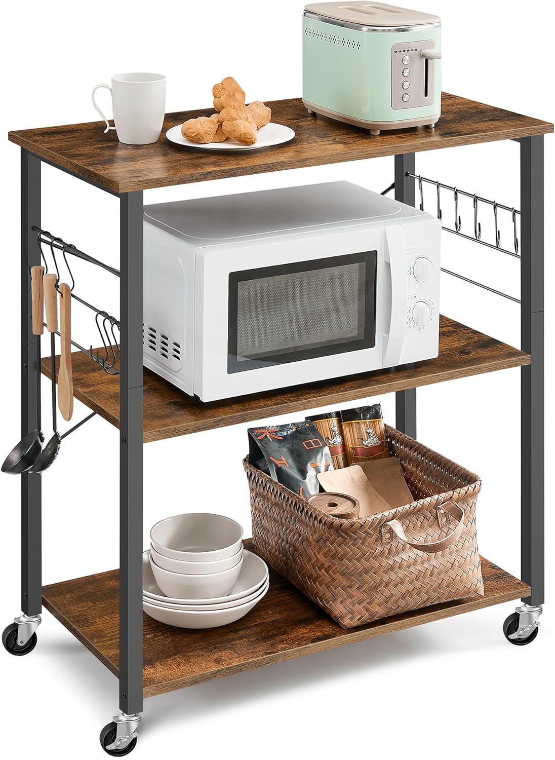 VASAGLE Kitchen Shelf on Wheels, 31.5 Inches Serving Cart with 3 Shelves, Kitchen Cart, Microwave Shelf, for Mini Oven, Toaster, with 6 Hooks, Industrial Style, Rustic Brown and Ink Black UKKS067K01