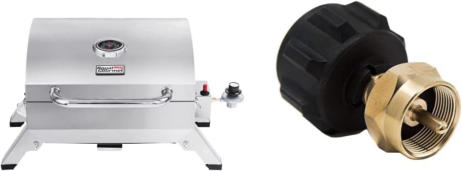 Royal Gourmet GT1001 Stainless Steel Portable Grill, 10000 BTU BBQ Tabletop Gas Grill, Silver & GasOne 50180 Refill Adapter for 1lb Propane Tanks & Fits 20lb Tanks, Black