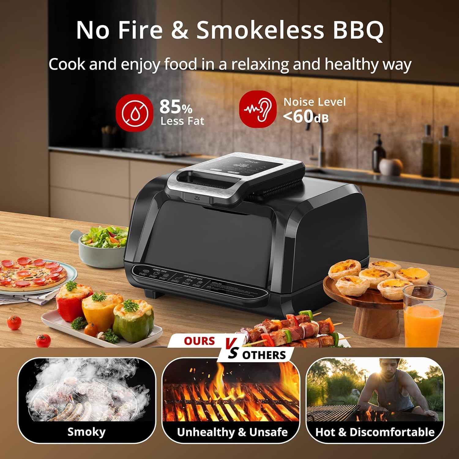 IDEALHOUSE 7-in-1 Indoor Grill Air Fryer Combo, Smokeless Electric Grill with Transparent Window, 1750W Power Reaches 450°f, Includes Nonstick Removable Plates, Silicone Tongs, 4QT