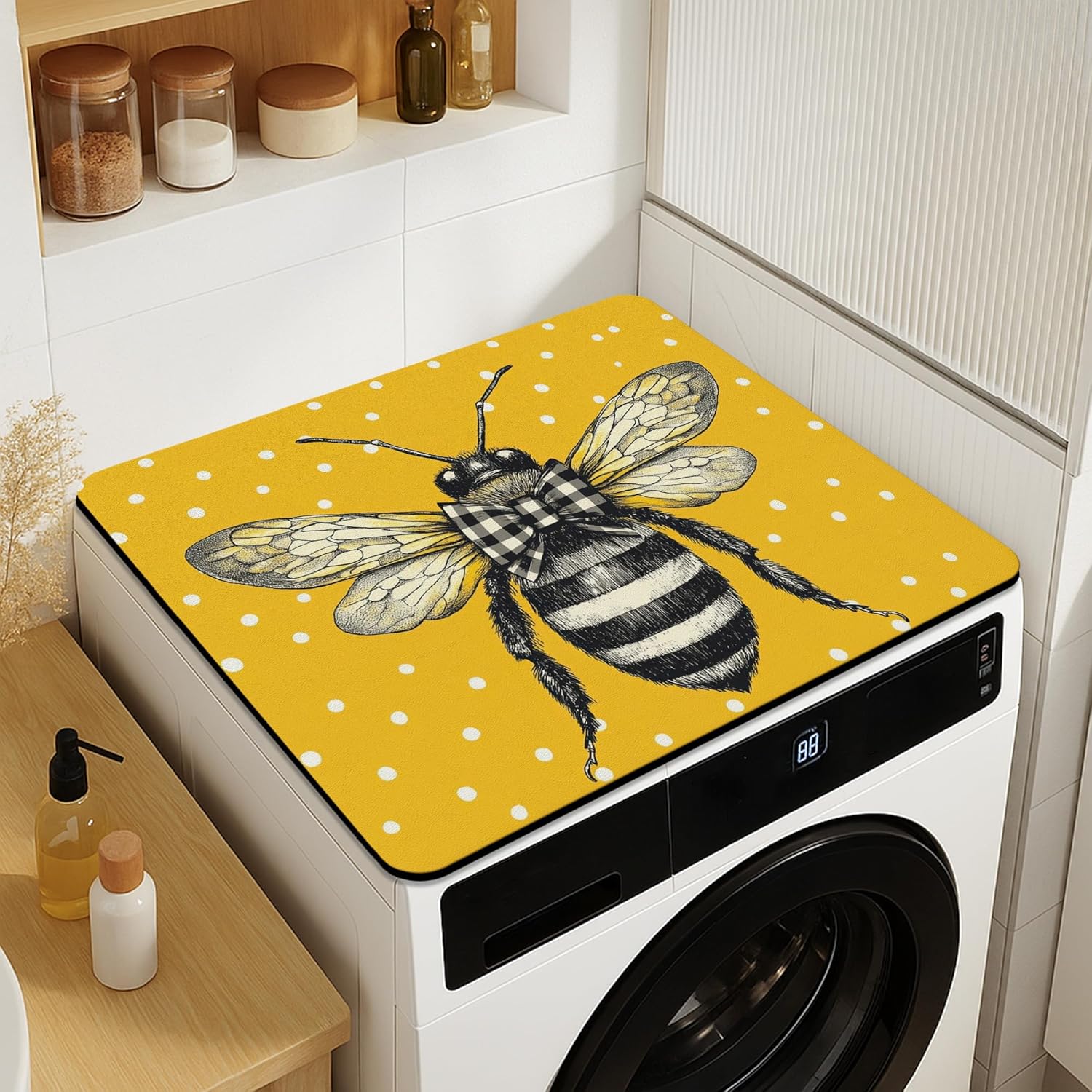 Bee Themed Washer Dryer Top Protector Mat, Vintage Illustrated Bee Laundry Machine Cover, Yellow Seasonal Dust Proof Rubber Anti-slip Waterproof Mats for Laundry Room 20x24 Inch