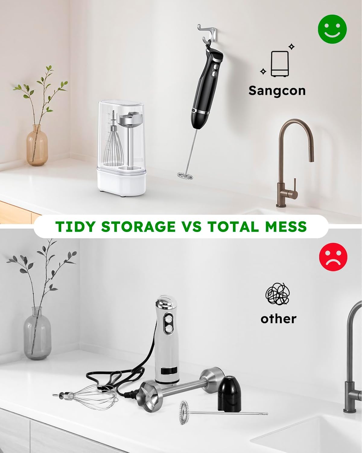 Sangcon 6-in-1 Immersion Blender Handheld, Hand Blender with Chopper & 34oz Blending Cup Storage Base, 2-Speed Adjustable Stick Blender,Stainless Steel Blades, Detachable Blender, Whisk, Milk Frother