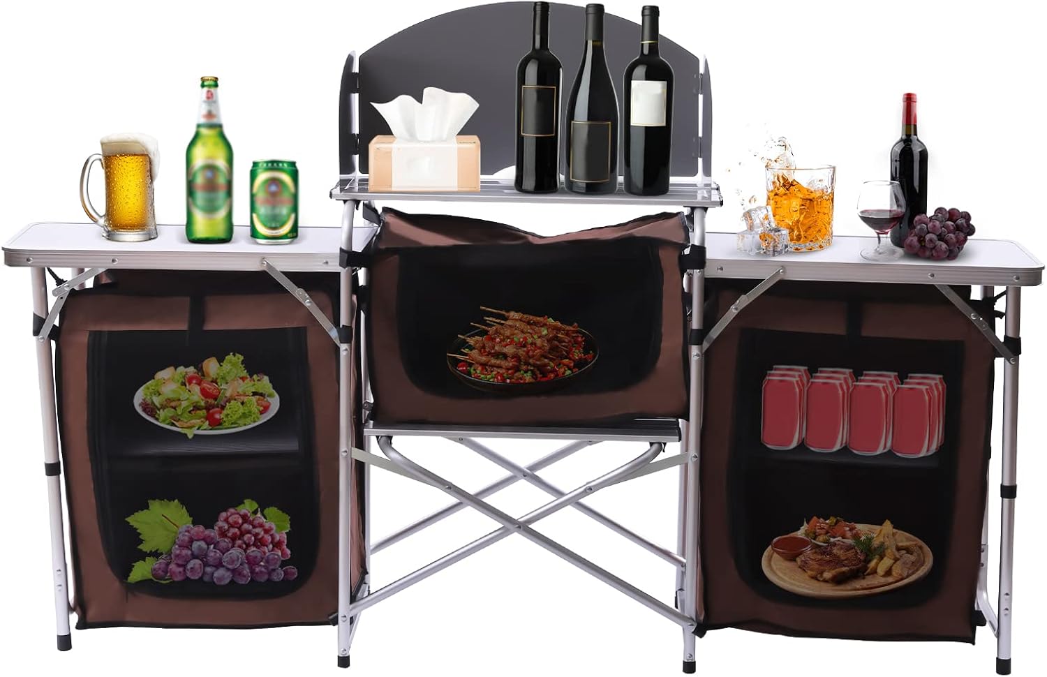 31.5 in Camping Kitchen Table, 4 Tier Aluminum Portable Folding Grill Table with 3 Storage Organizer & Detachable Windscreen, Station 26 Tabletop 2 Side Tables