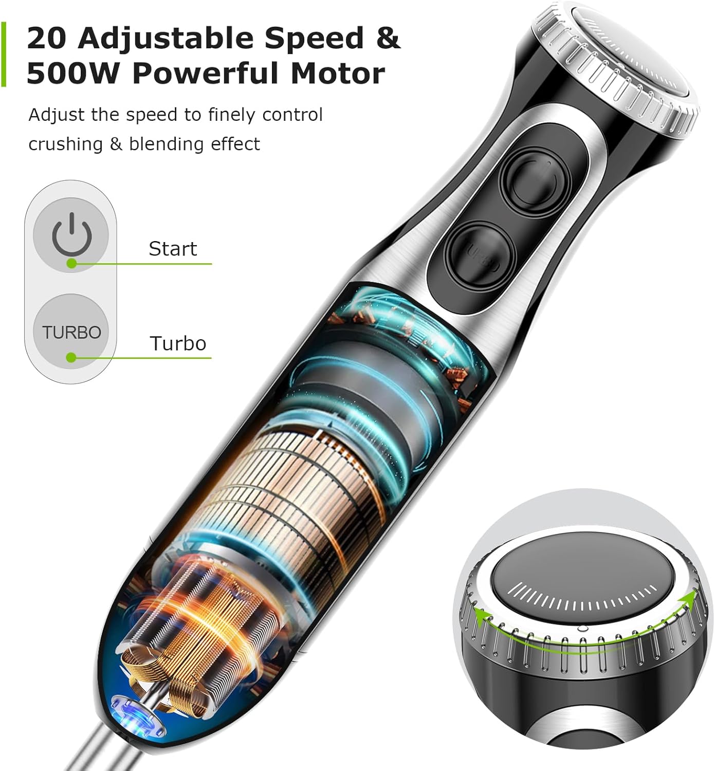 Bonsenkitchen 4-in-1 Immersion Blender Handheld, 20 Speeds Hand Blender with Turbo Mode, Stainless Steel Blade, Egg Whisk, Beaker & Chopper Bowl, Stick Mixer for Soup, Smoothie, Puree, Baby Food