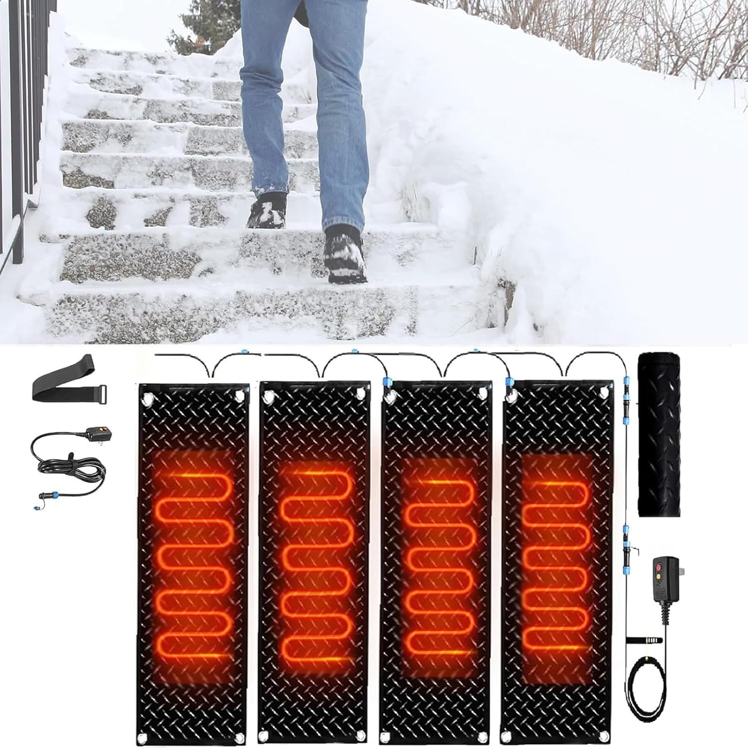 Outdoor Snow Melting Mat - Non-Slip Rubber Pad for Driveways, Walkways, Stairs, and Doorways - Efficient Snow and Ice Melter(30x90cmx4Pcs)