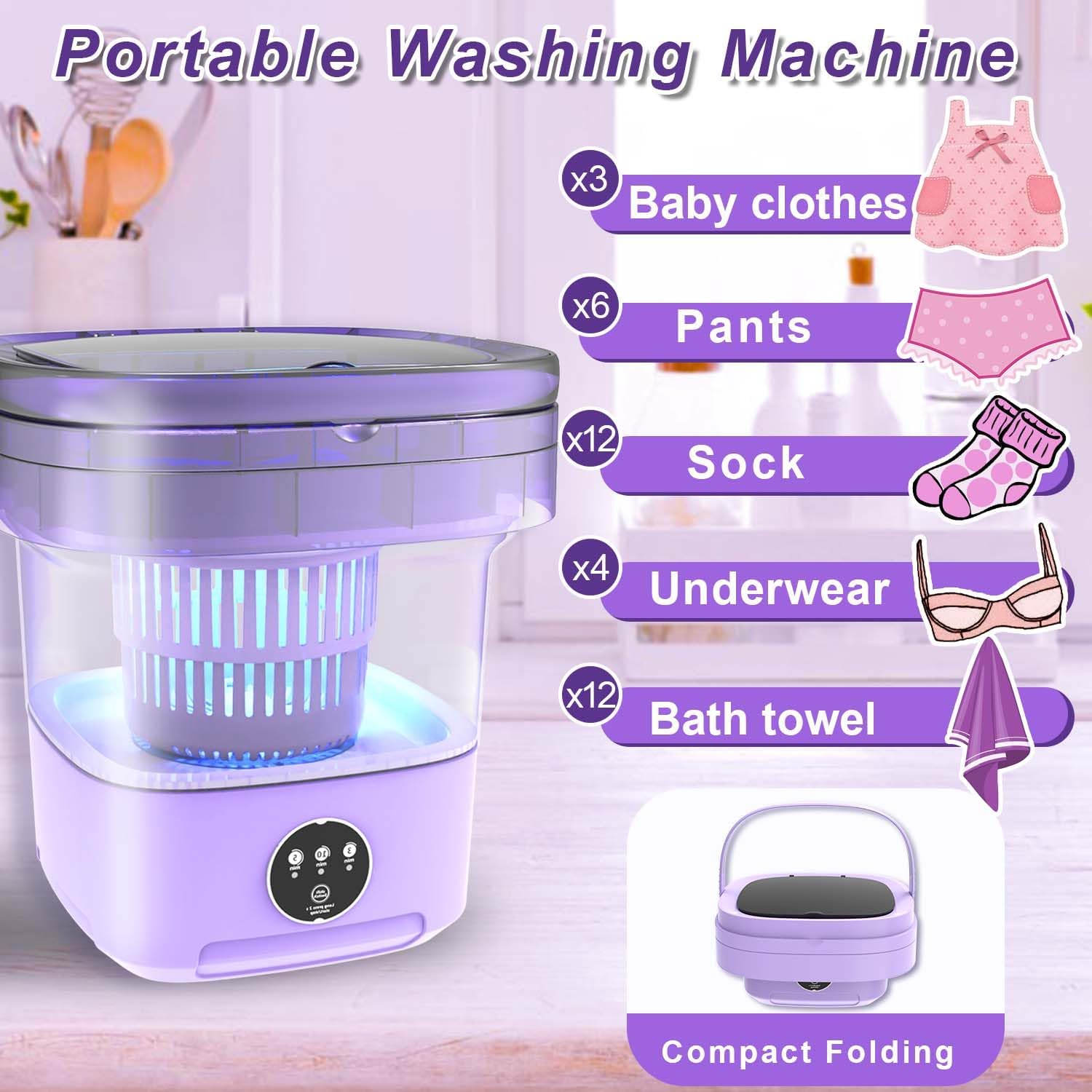 Underwear Washing Machine,13L 2kg 2 in 1 Mini Washing Machine, Portable Washe, Foldable Small Smart Laundry Machine with 3 Cleaning Modes for Baby Clothes, Socks, Underwear, Camping, RV, Travel, Green