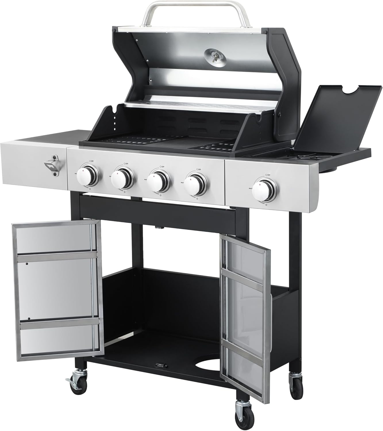4-Burner Propane Gas BBQ Grill with Side Burner - 46790BTU, 3pcs Enameled Cast Iron Grids, Double-Sided Frying Plate, Lockable Casters, Outdoor Use (Black+Silver)