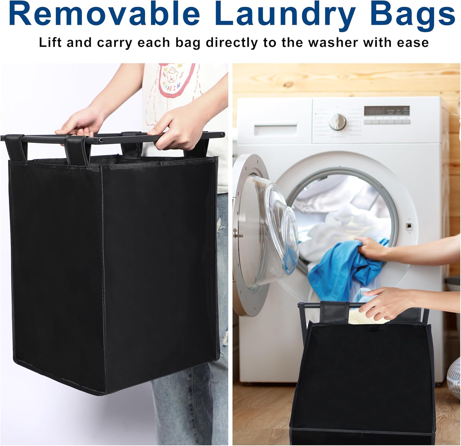 Whitmor Laundry Sorter, 92L Laundry Hamper with Shelf & 2 Removable Bags, 2 x 12.1 Gallons (46L), 28.8 x 13 x 28.4 Inches, Dirty Clothes Hamper Organizer for Laundry Room, Bathroom, Dorm, Black