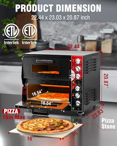 PYY Indoor 16in Pizza Oven - Double Decker Electric Pizza Ovens Countertop with Pizza Stone, 60-Min Ring Timer, for Home and Restaurant Commercial, 3200W, ETL Listed,Black