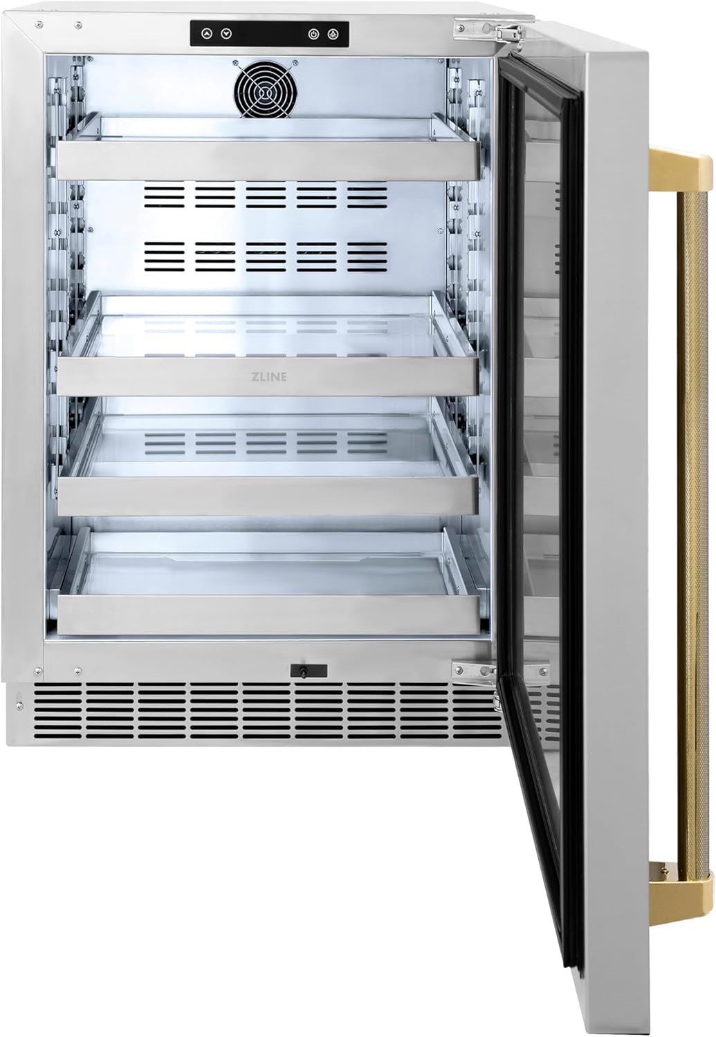 ZLINE Autograph Edition 24 in. Touchstone 151 Can Beverage Fridge with Solid Stainless Steel Door and Polished Gold Helix Handle (RBSOZ-ST-24-KG)