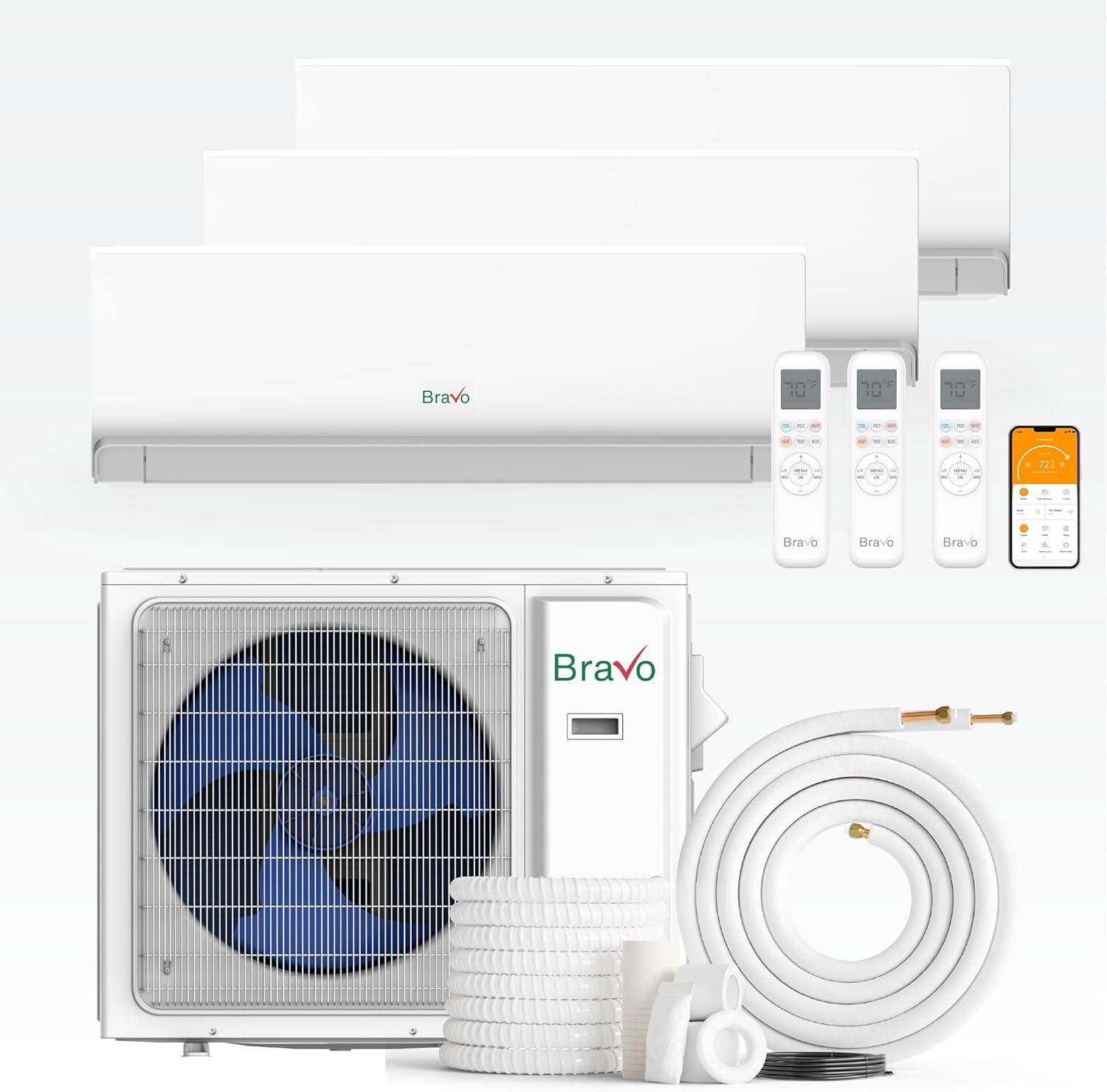 BRAVO 24,000 BTU 3-Zone 9000 + 9000 + 9000 BTU Wall Mount, 23 SEER2 Ductless Mini Split AC & Heat Pump – Includes Smart Control & 25FT Installation Kits – Inverter System
