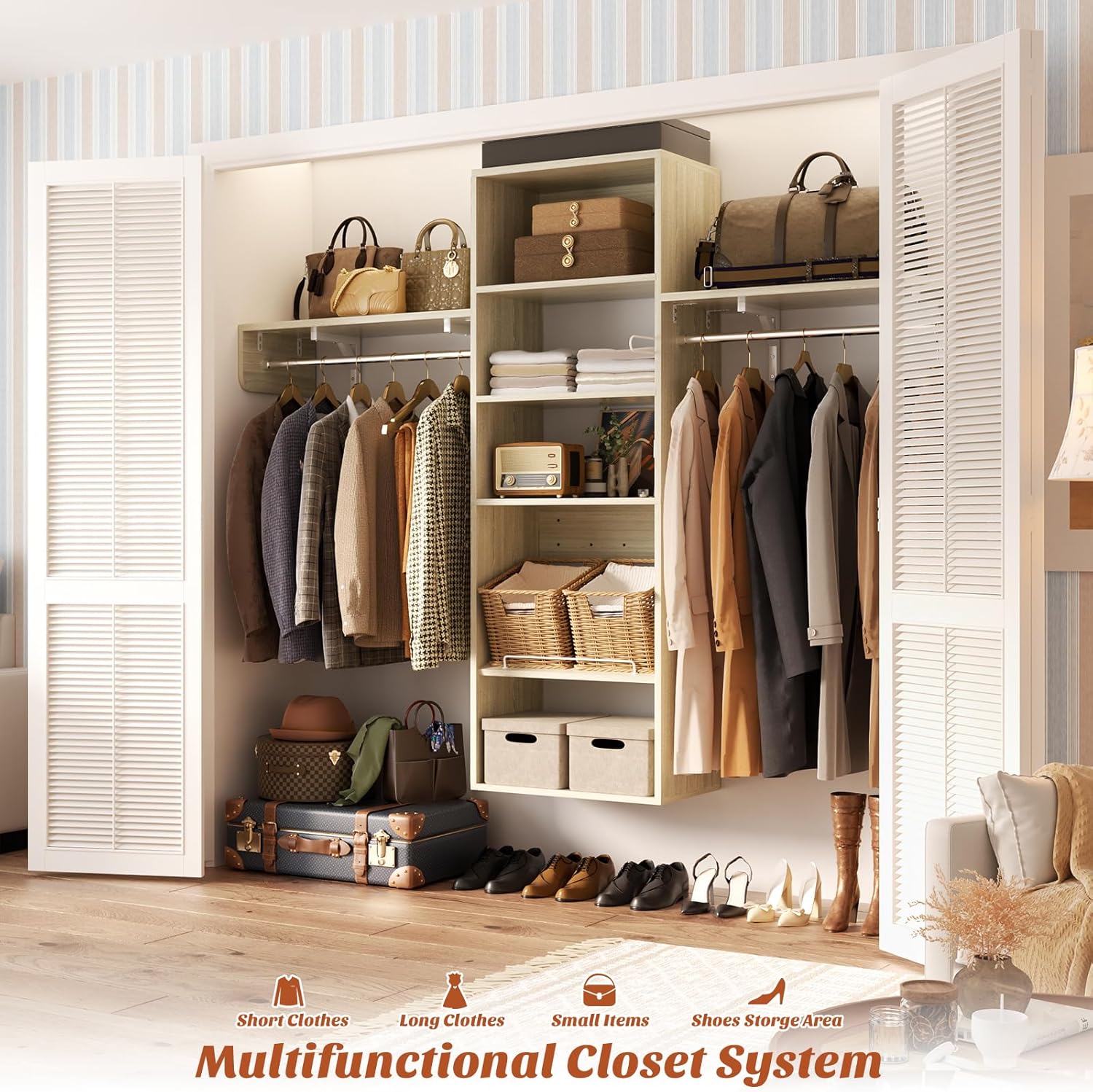 Unikito Over Washer and Dryer Storage Shelf, 8FT Wall Mounted Laundry Room Organizer, Space Saver Clothes Drying Rack with Hanger Rod, Heavy-Duty Closet System with Adjustable Shelves, White Oak