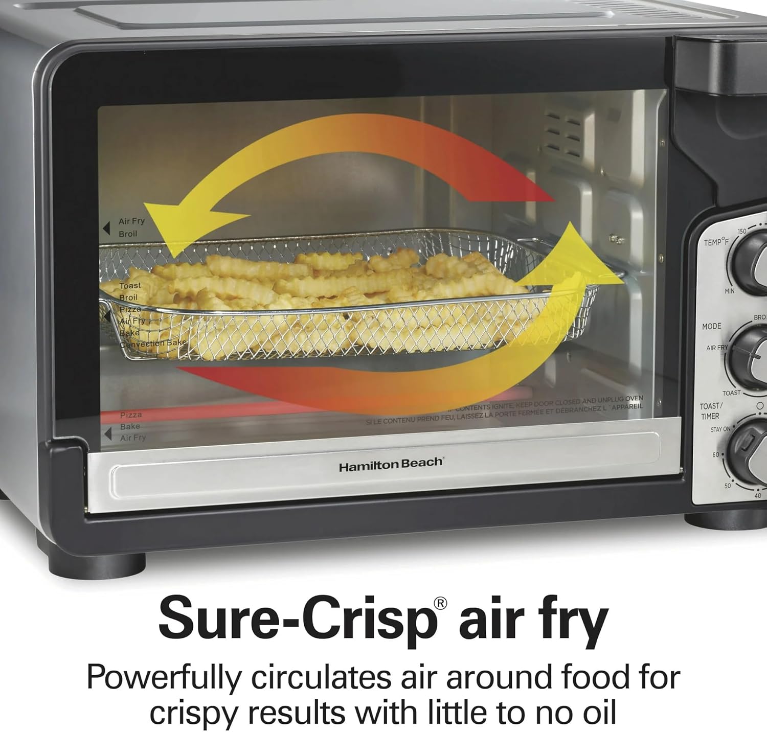Hamilton-Beach Easy View XL Toaster Oven with Sure-Crisp® Air Fry, 1750W, 6-Slice Capacity, 12” Pizza Fit, 5 Cooking Modes, Extra-Large Window, Timer & Temp Control Dial, Air Fry Basket Included