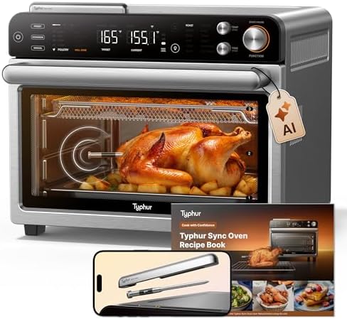 Typhur Sync Oven with Smart Wireless Meat Thermometer Probe, 12‑in‑1 Countertop Air Fryer Toaster Oven Combo, 360° Turbo Convection, Dehydrator, Recipes & 5 Accessories, Large 27QT, Stainless Steel