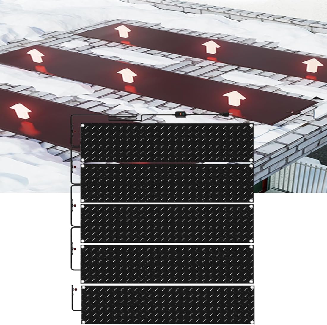 Heated Snow Melting Mats for Entrances - Outdoor Slip Proof Ice Heated Rubber Mat for Driveway Walkway Decks Sidewalks, 3 in/h Melting Speed, with Power Cord for Winter Stairs(5 Pcs,10in*48in/25.4cm*1