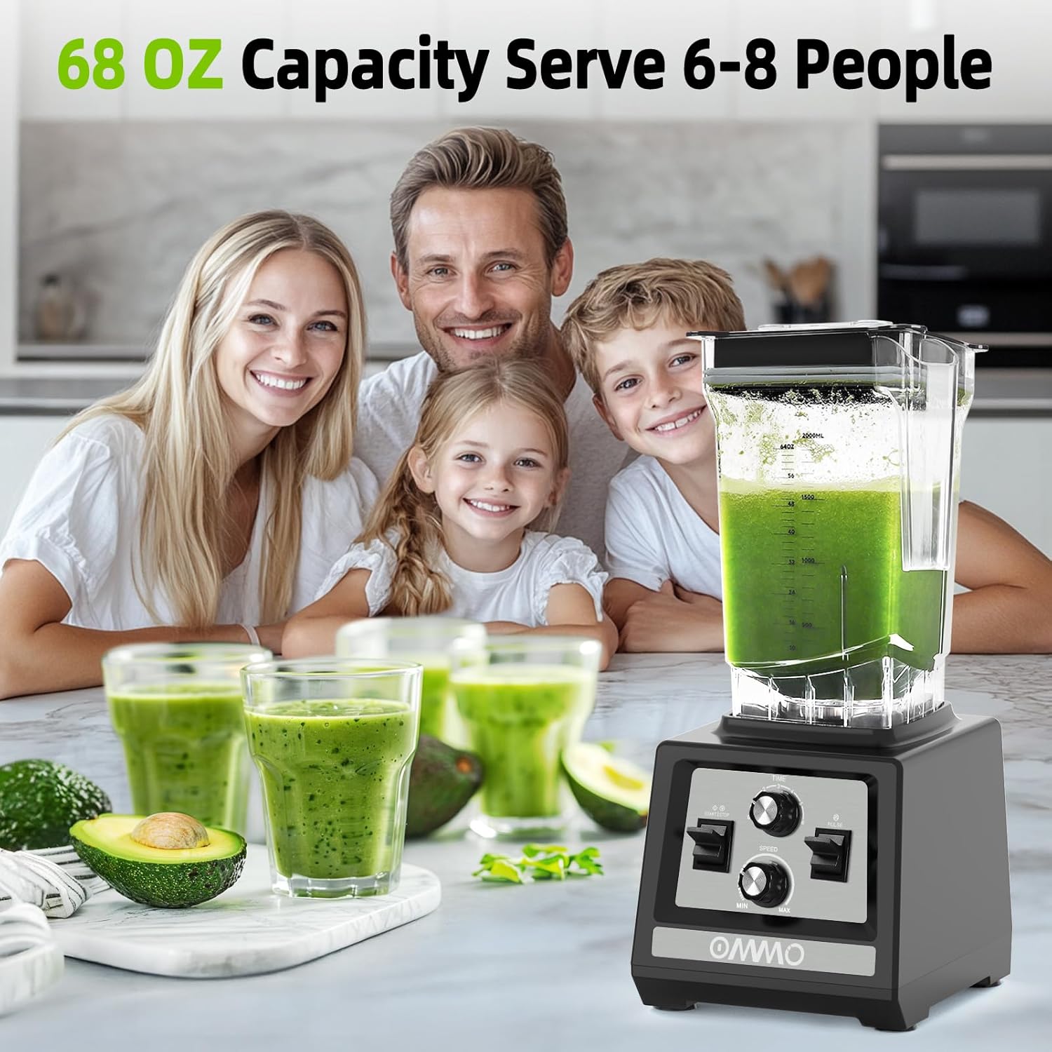 OMMO Blender for Smoothies: 1800W Peak Blenders for Kitchen, 68oz BPA-Free Pitcher, Timer & Speed Control, 6 Stainless Steel Blades, Dishwasher Safe Blender for Ice Crush/Smoothies/Frozen Drinks/Grey