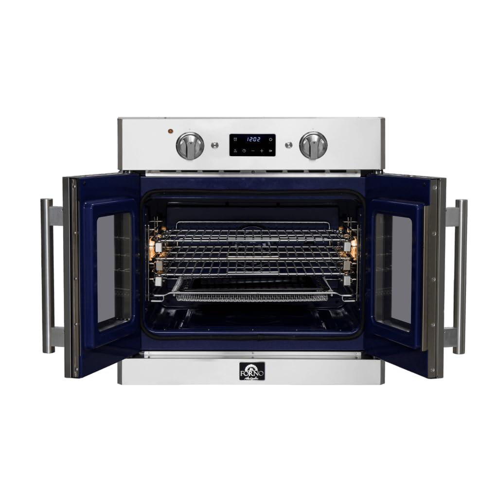 FORNO Gallico 30-Inch Electric French Door Stainless Steel Wall Oven - 240V 3500W 4.32 Cu. Ft. Electric with LED Display Screen - Wall Oven with Telescopic Racks with Air Fry and Drip Tray