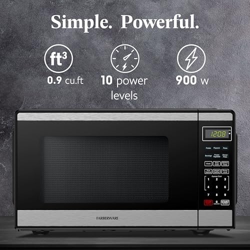Farberware 0.9 Cu. Ft Countertop Microwave Oven - 900 Watts Power, Auto Cook Settings, Defrost, Easy Clean and Child Safety Lock - Stainless