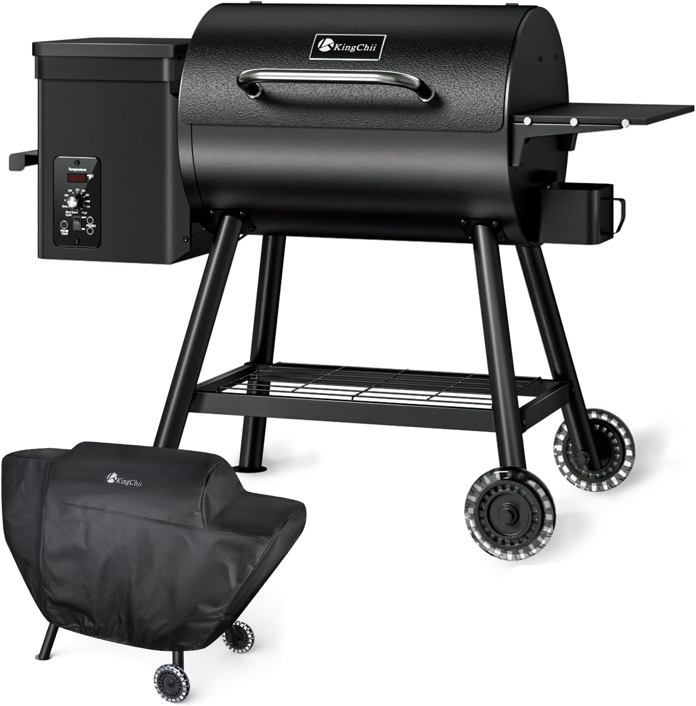 KingChii Electric Wood Pellet Grill & Smoker with Side Shelf, 456 SQ.IN Grill Capacity, with PID Temperature Control (180-425°F) for Backyard Camping Bake and Roast, Black with Cover