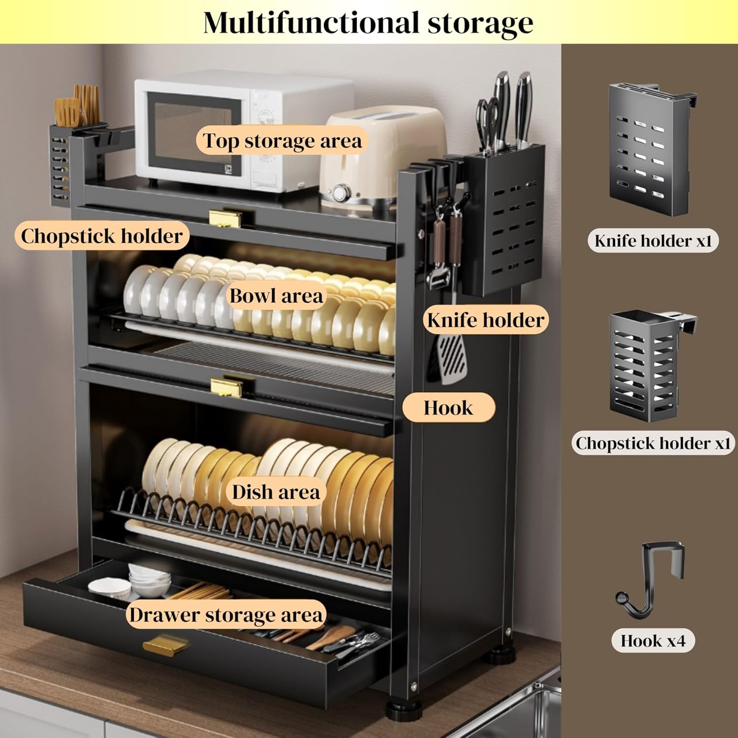 Kitchen Countertop Dish Cabinet with Drawers, Countertop Pantry with Drain Trays and Doors, Multifunctional Microwave Oven Rack, Space-Saving Dish Organizer for Dining room(White,17.7''x11.4''x28'')