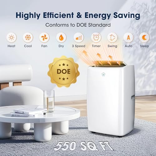12000BTU Smart Portable Air Conditioner with Heat, AC Unit with App & Remote Control, 4-in-1 Heating, Cooling, Dehumidifier, Fan for Rooms up to 550 sq.ft, 24H Timer, White