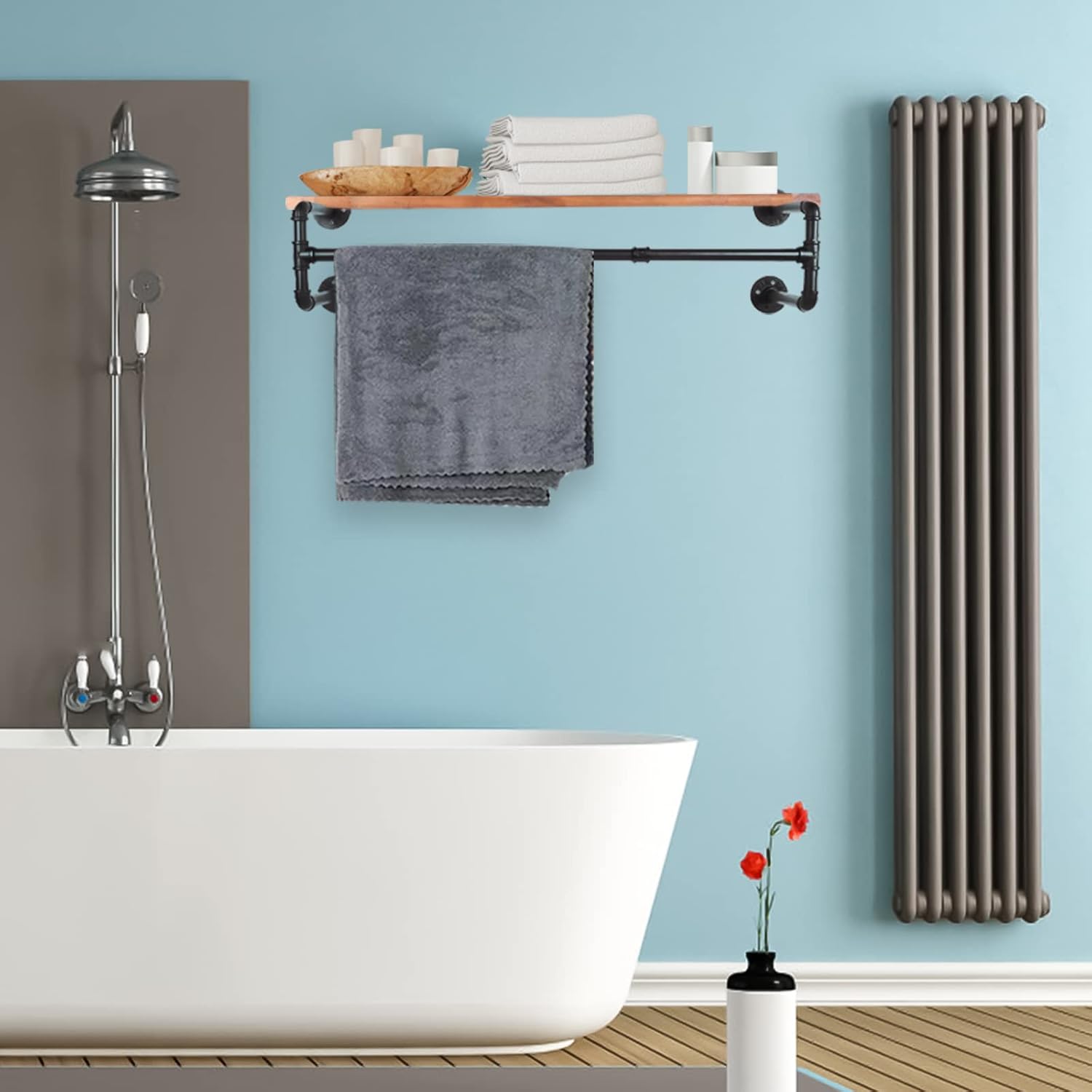 54” Wall Mounted Clothes Rack, Industrial Pipe Black Iron Garment Bar, Heavy-Duty Detachable Clothing Rod, Multi-Purpose Metal Wall display Hanging Pole for Closet Storage, Laundry Room 4 Base